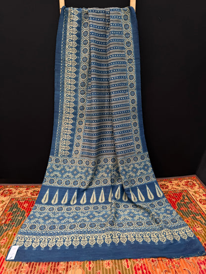 Handblock printed Ajrakh on raw silk sarees