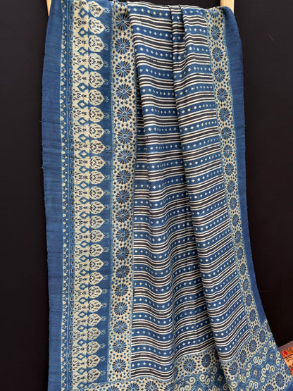 Handblock printed Ajrakh on raw silk sarees