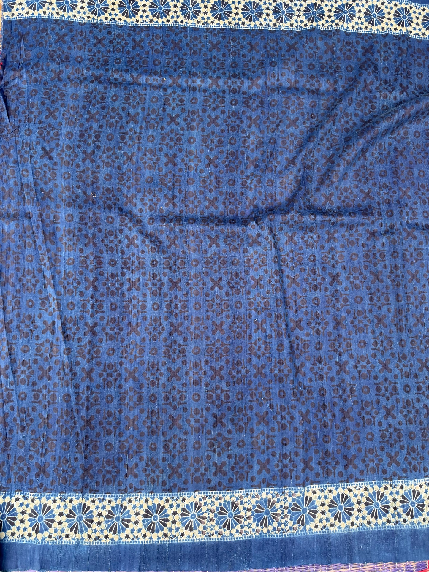 Handblock printed Ajrakh on raw silk sarees