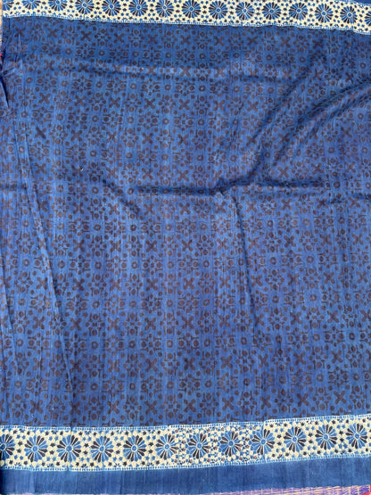 Handblock printed Ajrakh on raw silk sarees