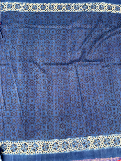 Handblock printed Ajrakh on raw silk sarees
