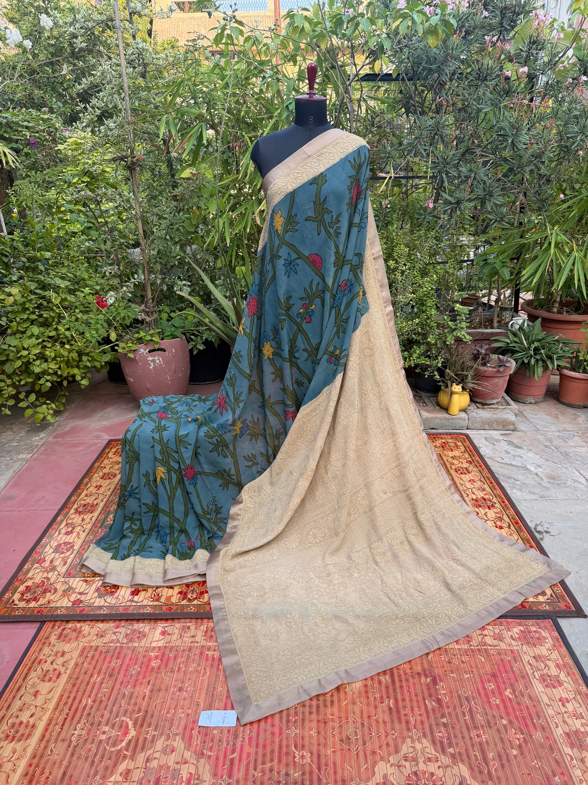 Pure silk Georgette Chikankari With Penkalamkari Saree