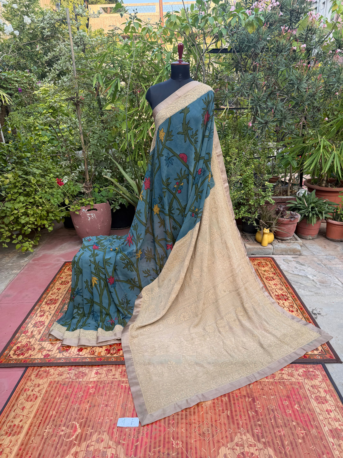 Pure silk Georgette Chikankari With Penkalamkari Saree