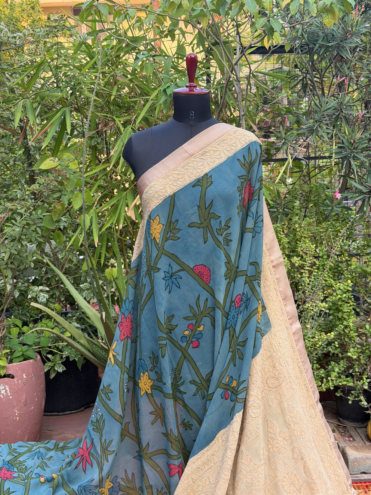 Pure silk Georgette Chikankari With Penkalamkari Saree