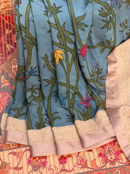 Pure silk Georgette Chikankari With Penkalamkari Saree