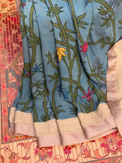 Pure silk Georgette Chikankari With Penkalamkari Saree