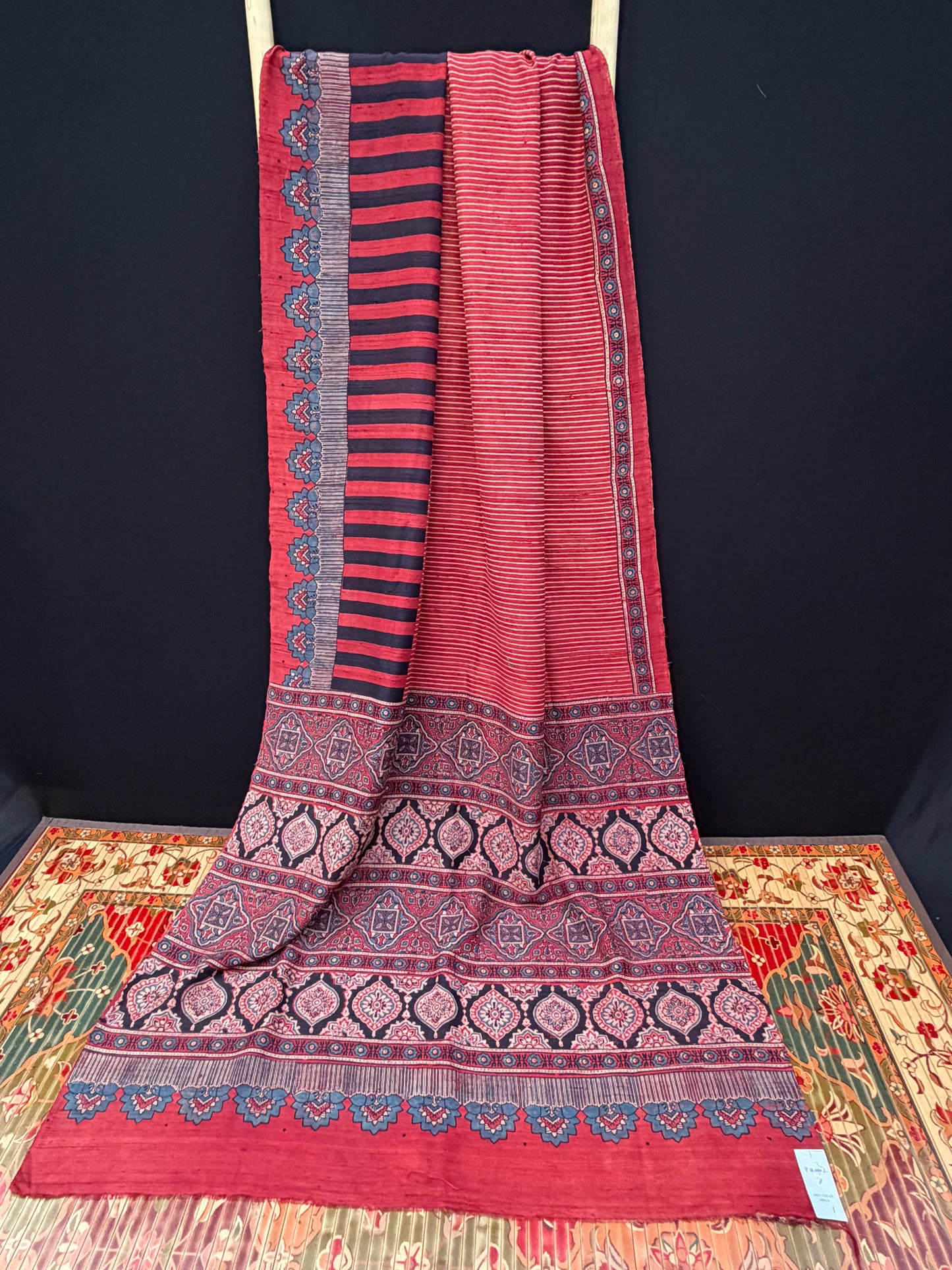 Handblock printed Ajrakh on raw silk sarees