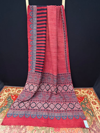 Handblock printed Ajrakh on raw silk sarees