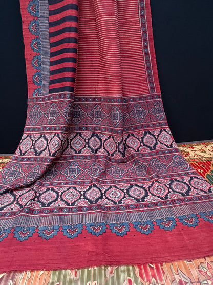 Handblock printed Ajrakh on raw silk sarees