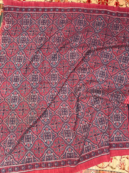 Handblock printed Ajrakh on raw silk sarees