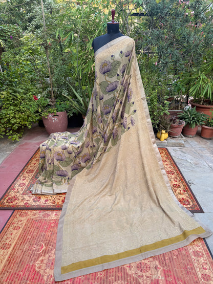 Pure silk Georgette Chikankari With Penkalamkari Saree