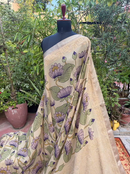Pure silk Georgette Chikankari With Penkalamkari Saree