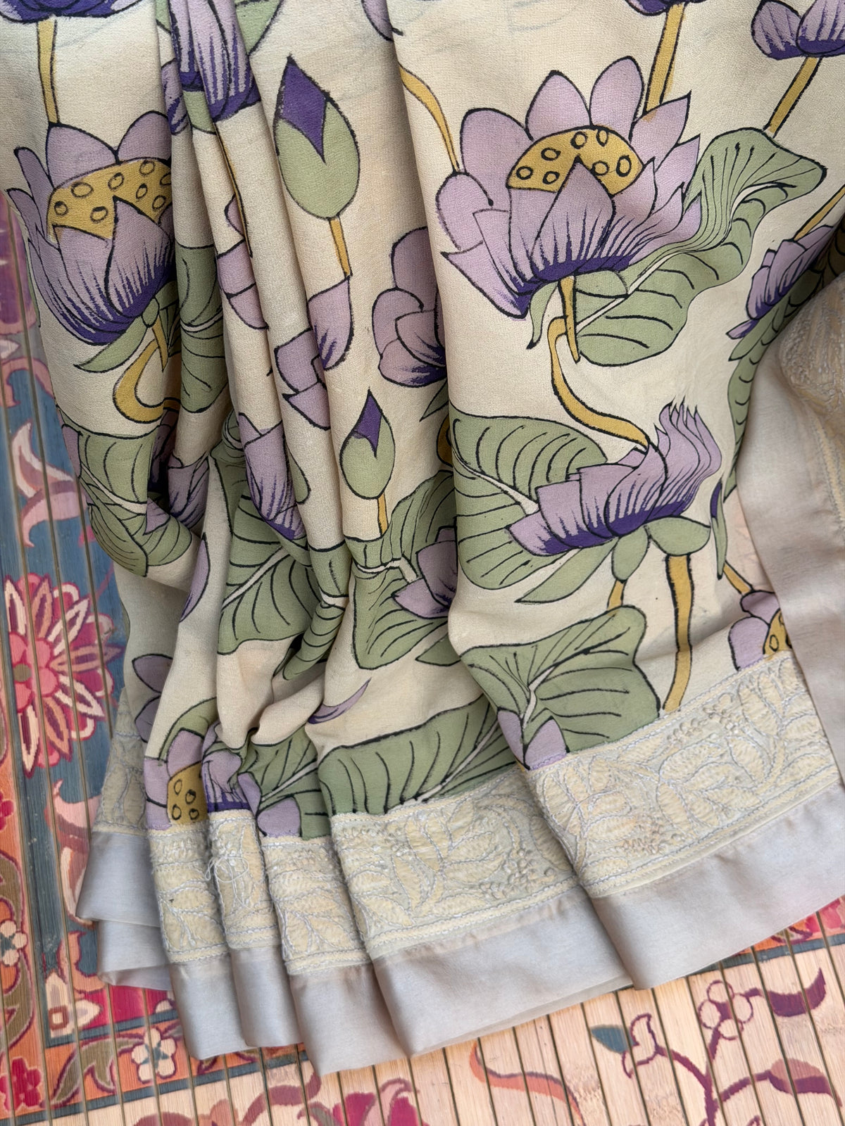 Pure silk Georgette Chikankari With Penkalamkari Saree