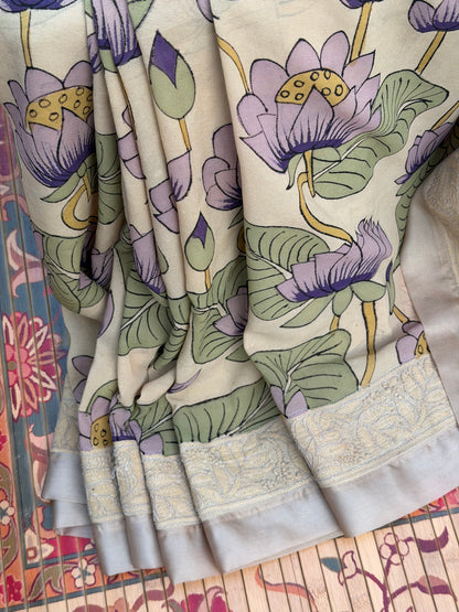 Pure silk Georgette Chikankari With Penkalamkari Saree