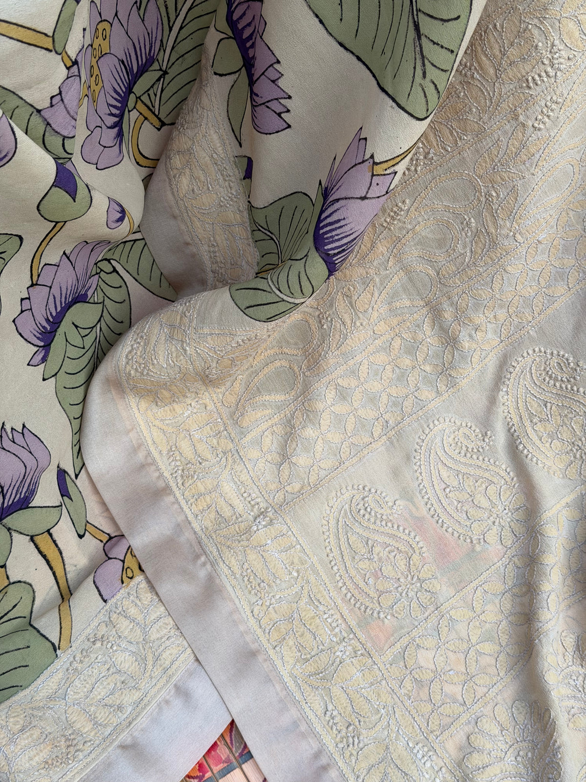 Pure silk Georgette Chikankari With Penkalamkari Saree