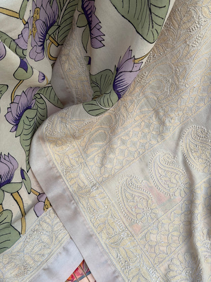 Pure silk Georgette Chikankari With Penkalamkari Saree