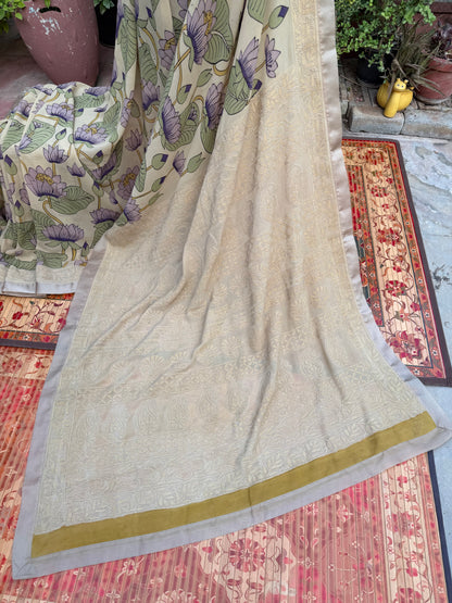 Pure silk Georgette Chikankari With Penkalamkari Saree