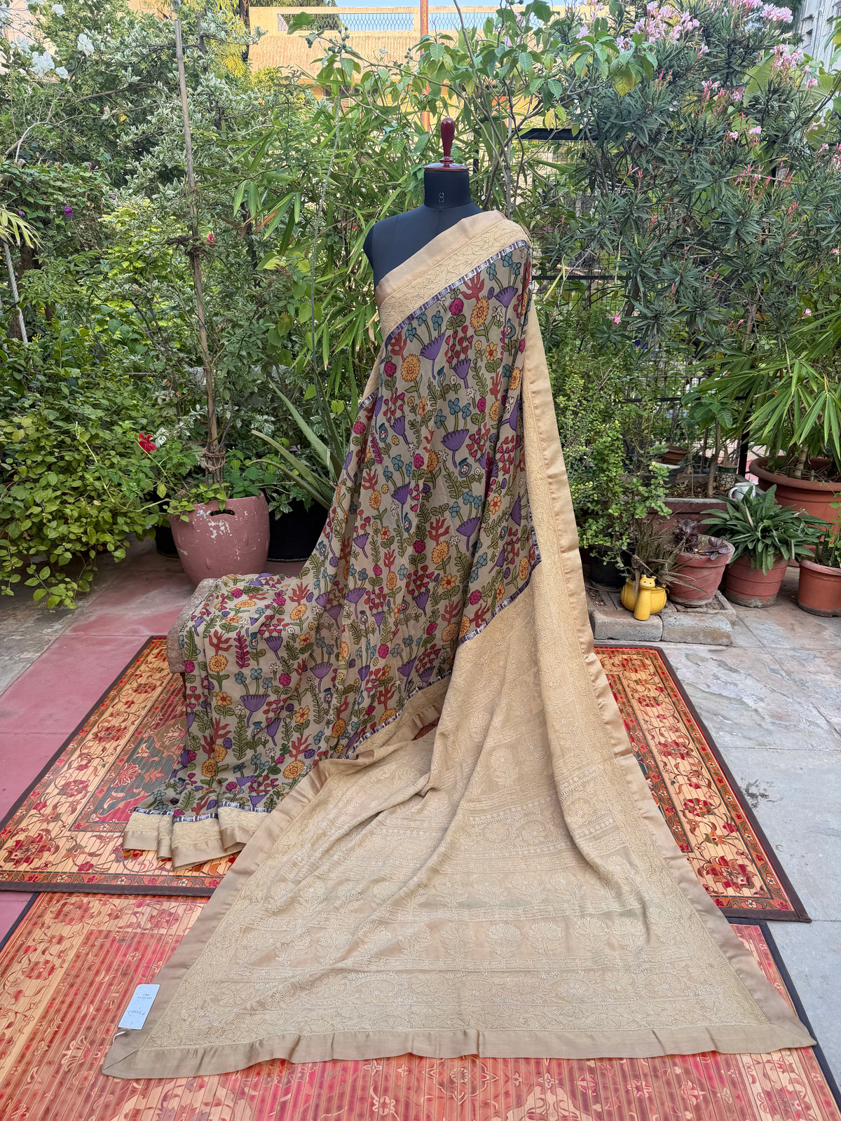 Pure silk Georgette Chikankari With Penkalamkari Saree