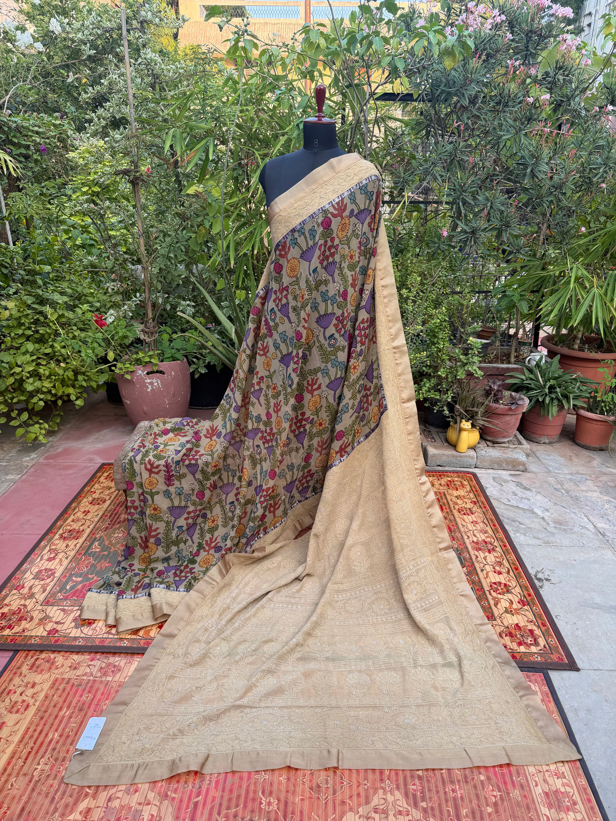 Pure silk Georgette Chikankari With Penkalamkari Saree