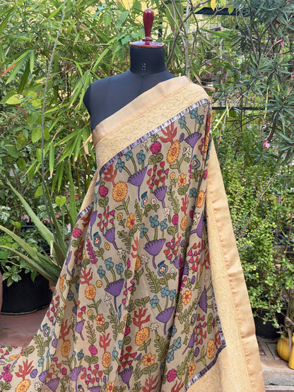 Pure silk Georgette Chikankari With Penkalamkari Saree