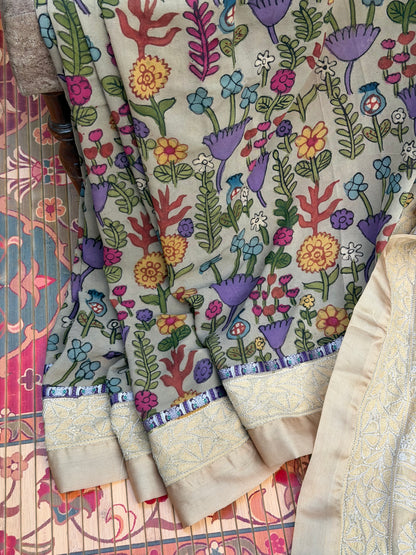 Pure silk Georgette Chikankari With Penkalamkari Saree