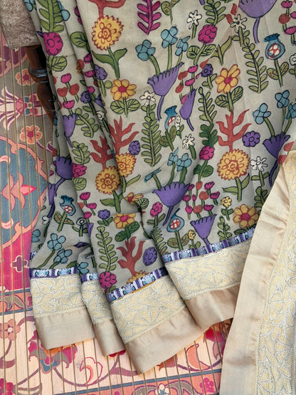 Pure silk Georgette Chikankari With Penkalamkari Saree