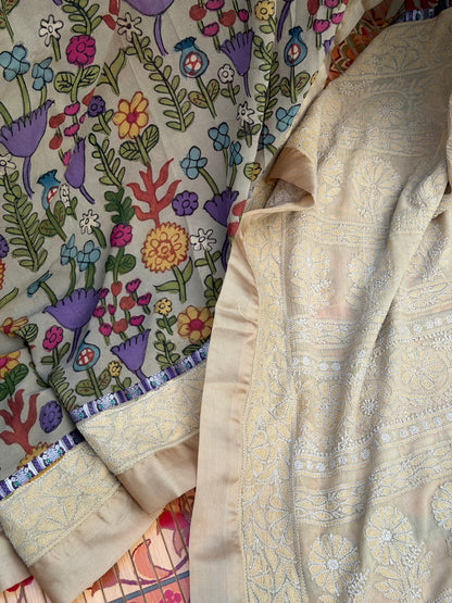 Pure silk Georgette Chikankari With Penkalamkari Saree