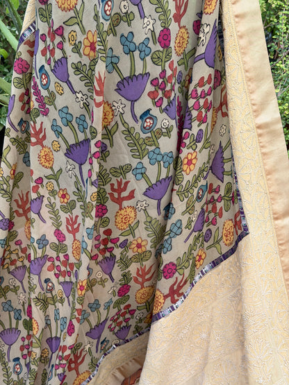 Pure silk Georgette Chikankari With Penkalamkari Saree