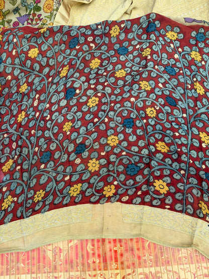 Pure silk Georgette Chikankari With Penkalamkari Saree