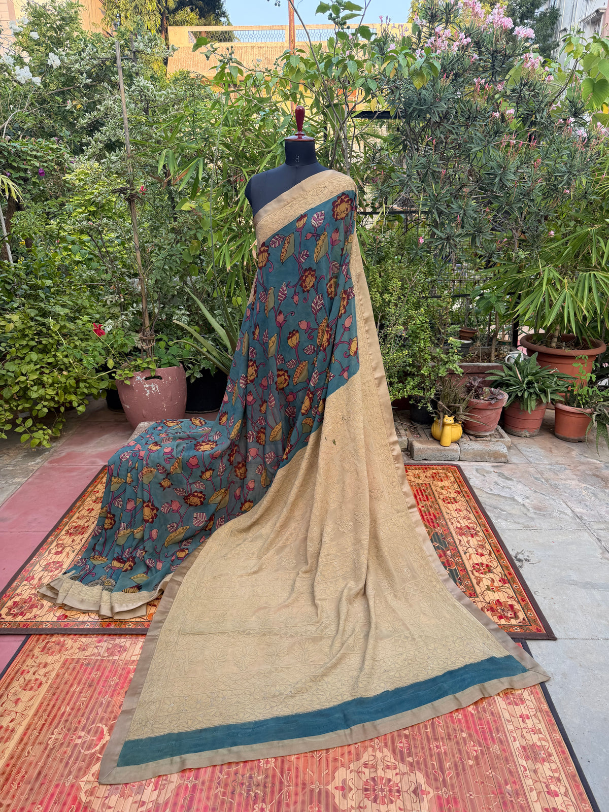 Pure silk Georgette Chikankari With Penkalamkari Saree