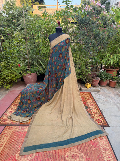 Pure silk Georgette Chikankari With Penkalamkari Saree