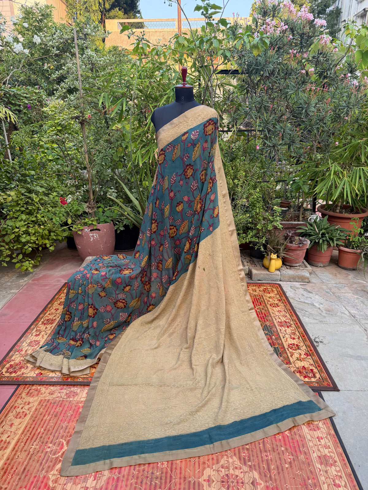 Pure silk Georgette Chikankari With Penkalamkari Saree