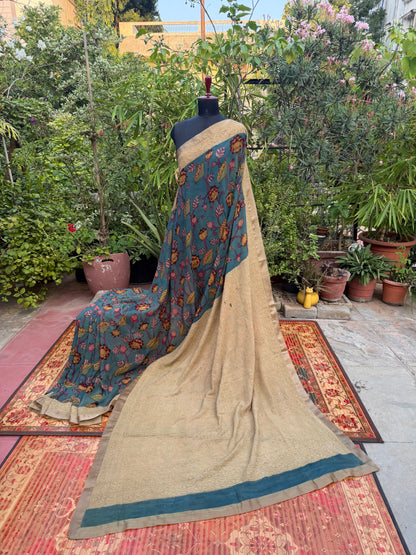 Pure silk Georgette Chikankari With Penkalamkari Saree
