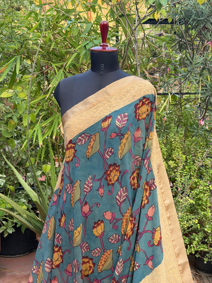 Pure silk Georgette Chikankari With Penkalamkari Saree
