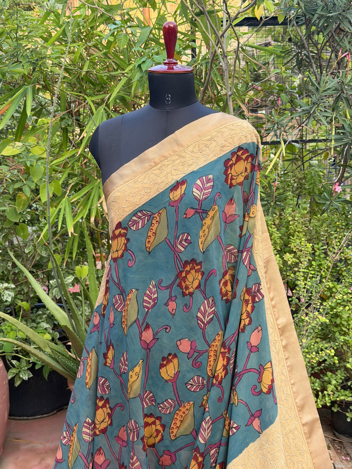 Pure silk Georgette Chikankari With Penkalamkari Saree