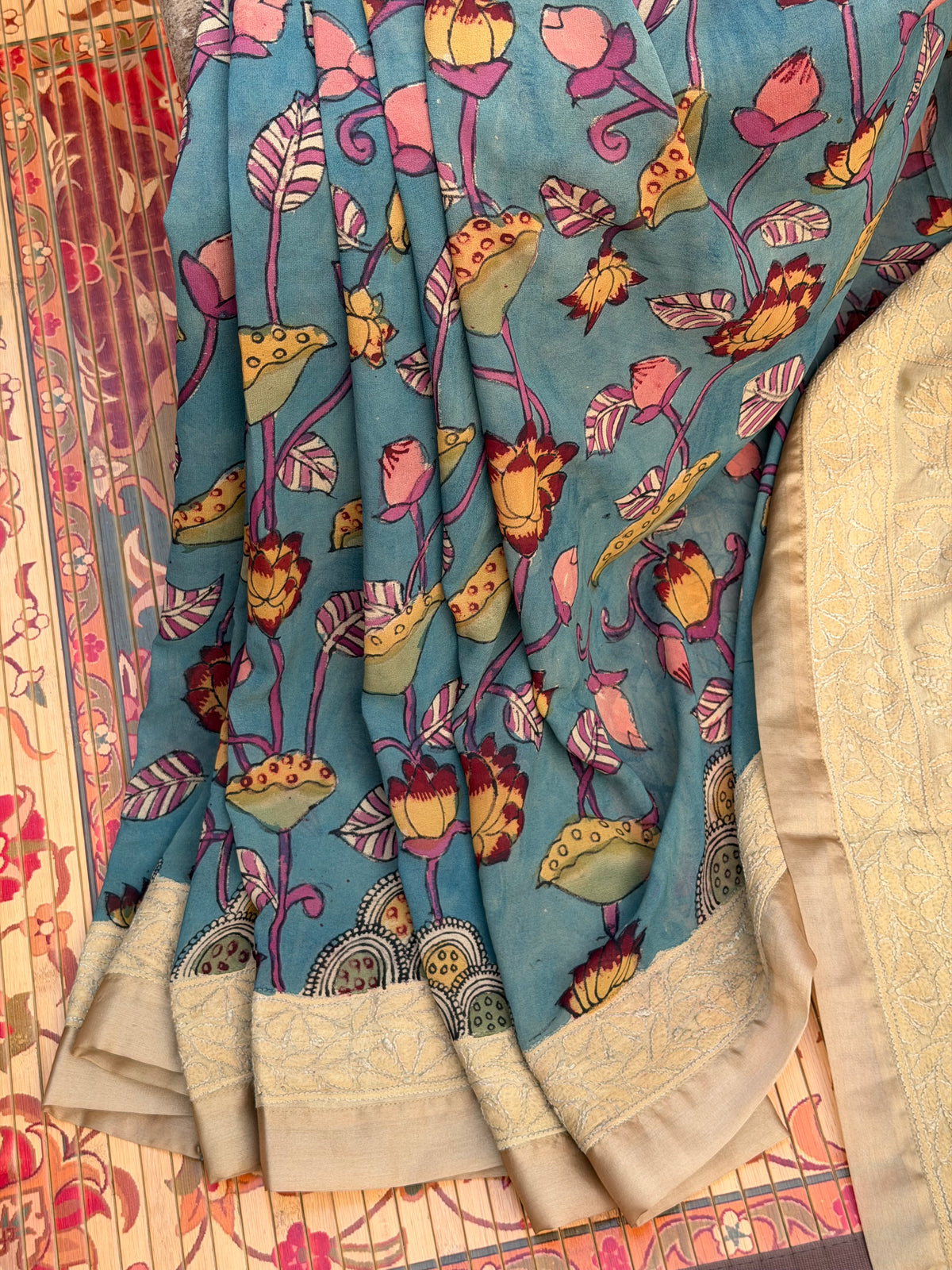 Pure silk Georgette Chikankari With Penkalamkari Saree