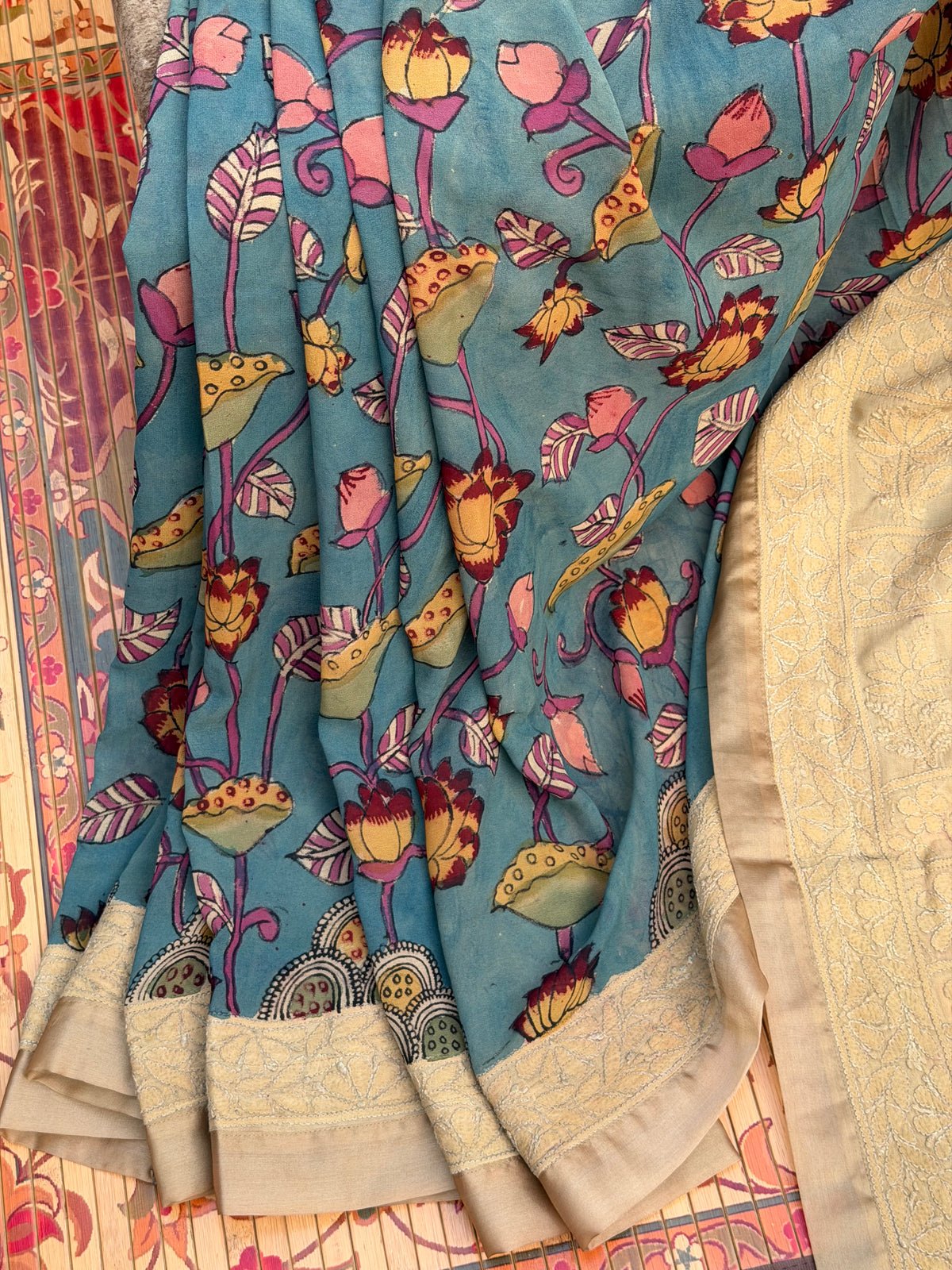 Pure silk Georgette Chikankari With Penkalamkari Saree