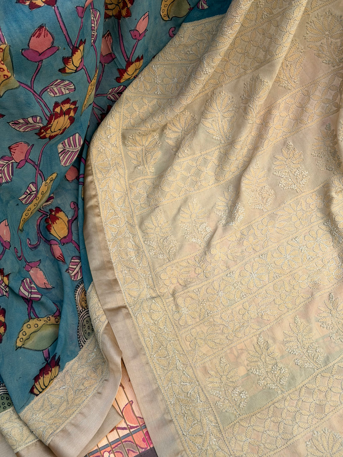 Pure silk Georgette Chikankari With Penkalamkari Saree