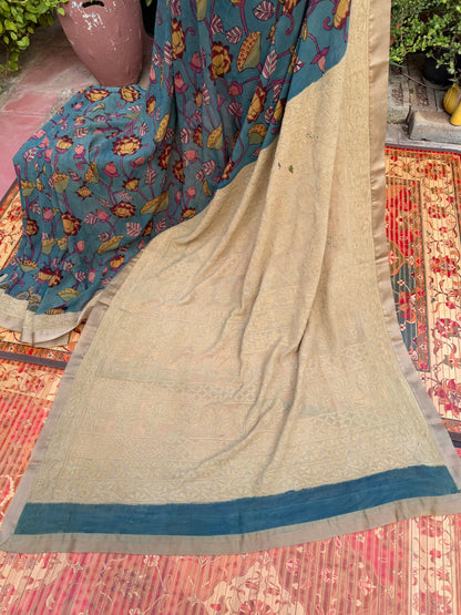 Pure silk Georgette Chikankari With Penkalamkari Saree