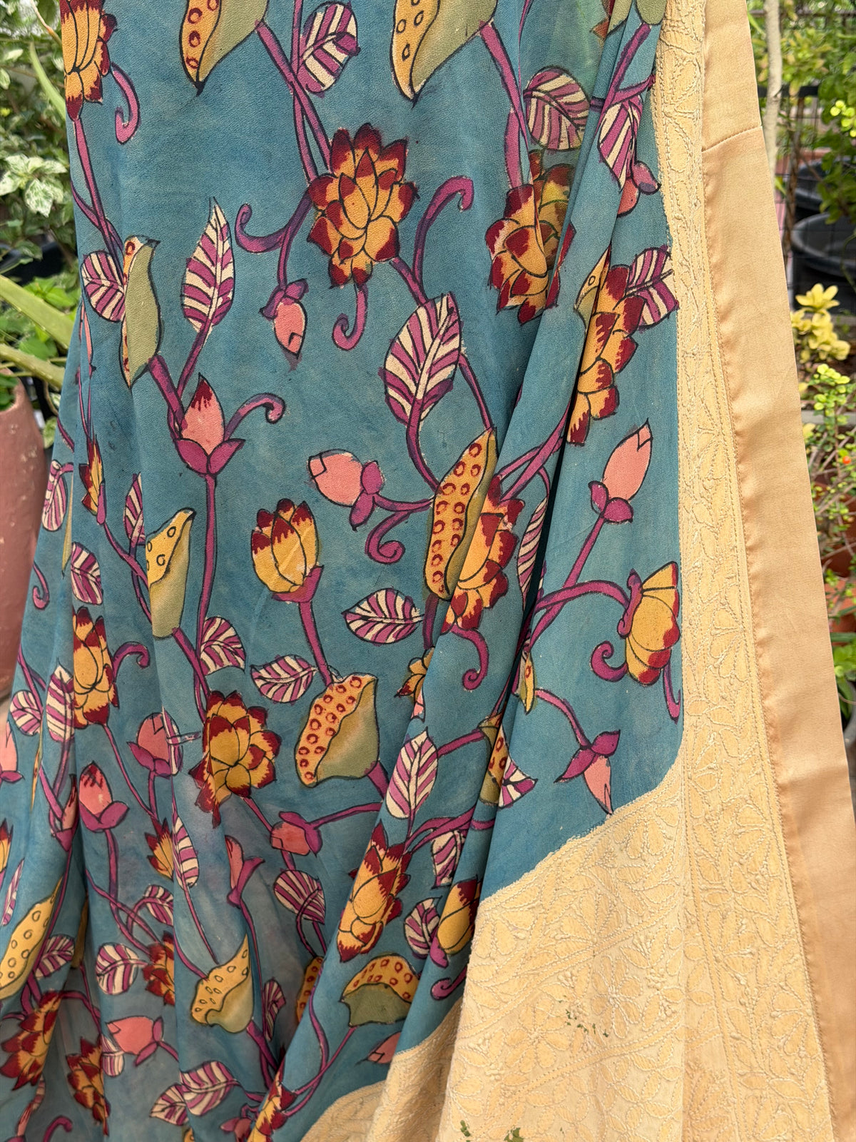 Pure silk Georgette Chikankari With Penkalamkari Saree