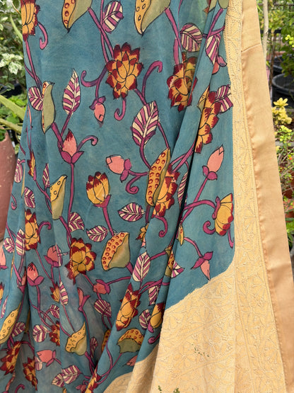 Pure silk Georgette Chikankari With Penkalamkari Saree