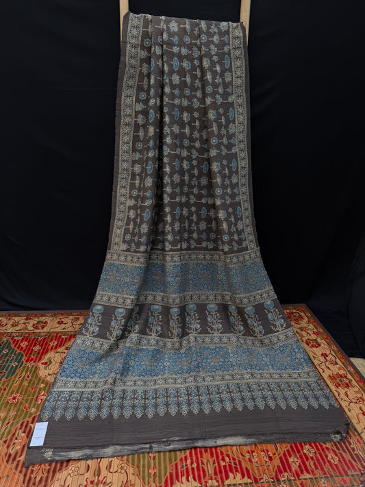 Handblock printed Ajrakh on raw silk sarees