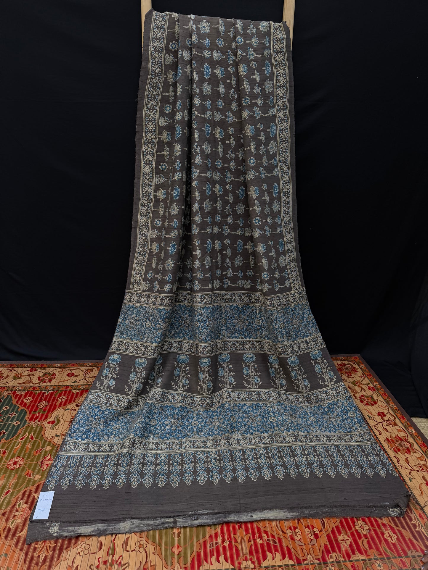 Handblock printed Ajrakh on raw silk sarees
