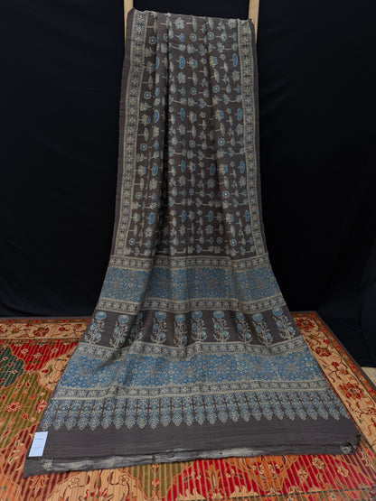 Handblock printed Ajrakh on raw silk sarees