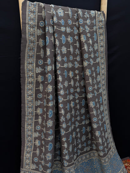 Handblock printed Ajrakh on raw silk sarees
