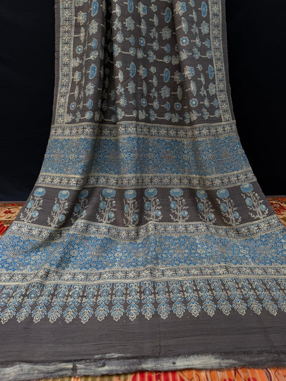 Handblock printed Ajrakh on raw silk sarees