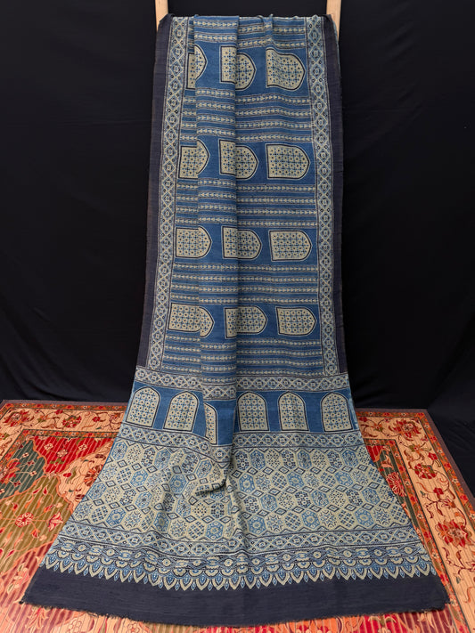 Handblock printed Ajrakh on raw silk sarees