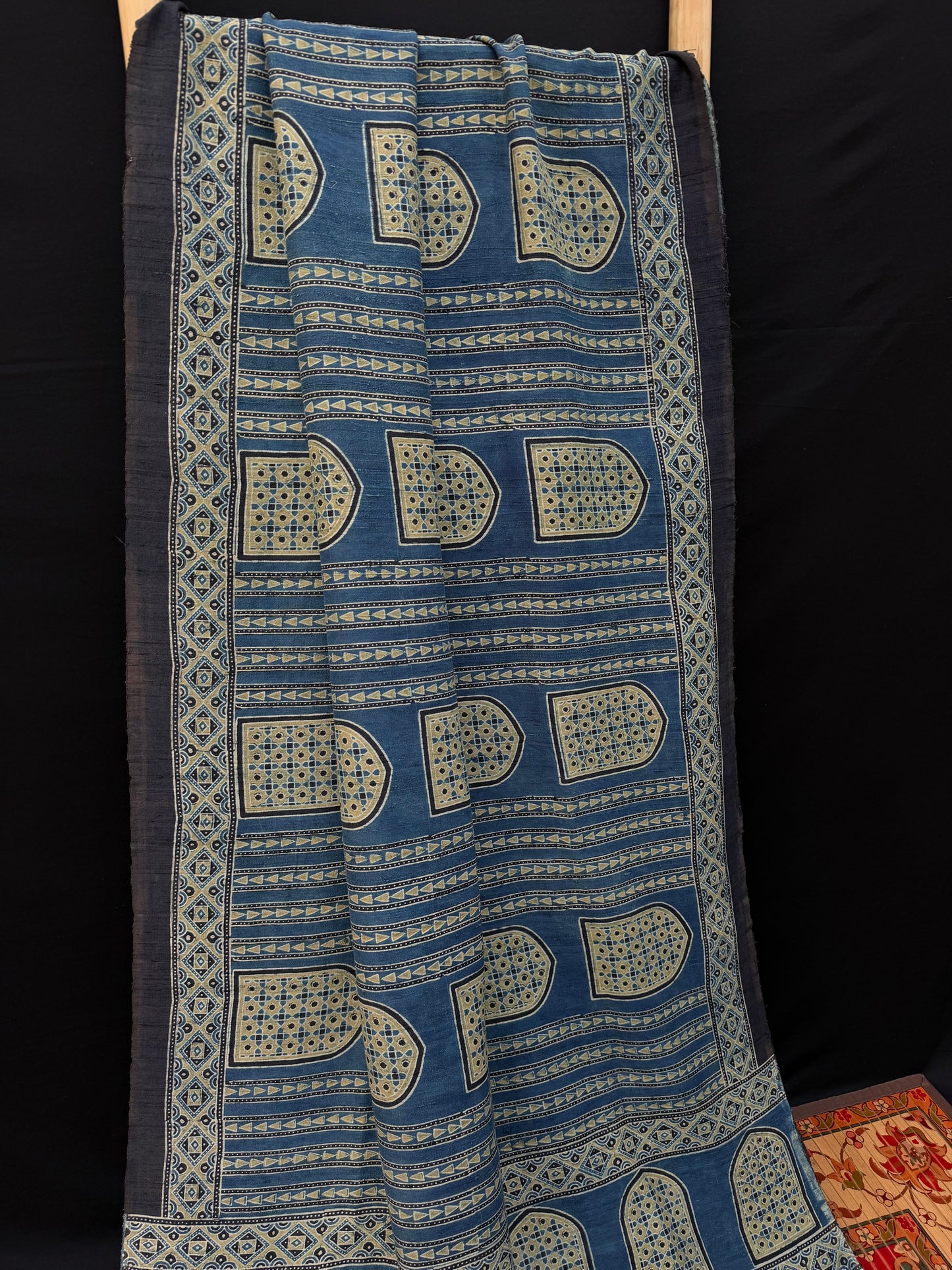 Handblock printed Ajrakh on raw silk sarees