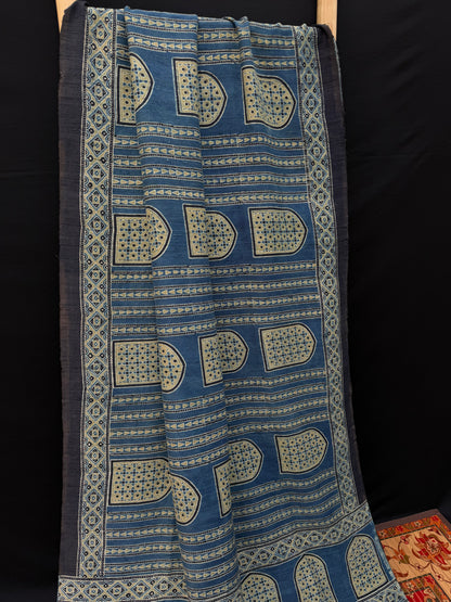 Handblock printed Ajrakh on raw silk sarees
