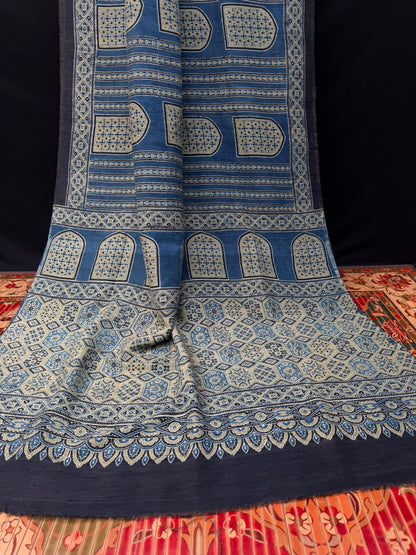 Handblock printed Ajrakh on raw silk sarees